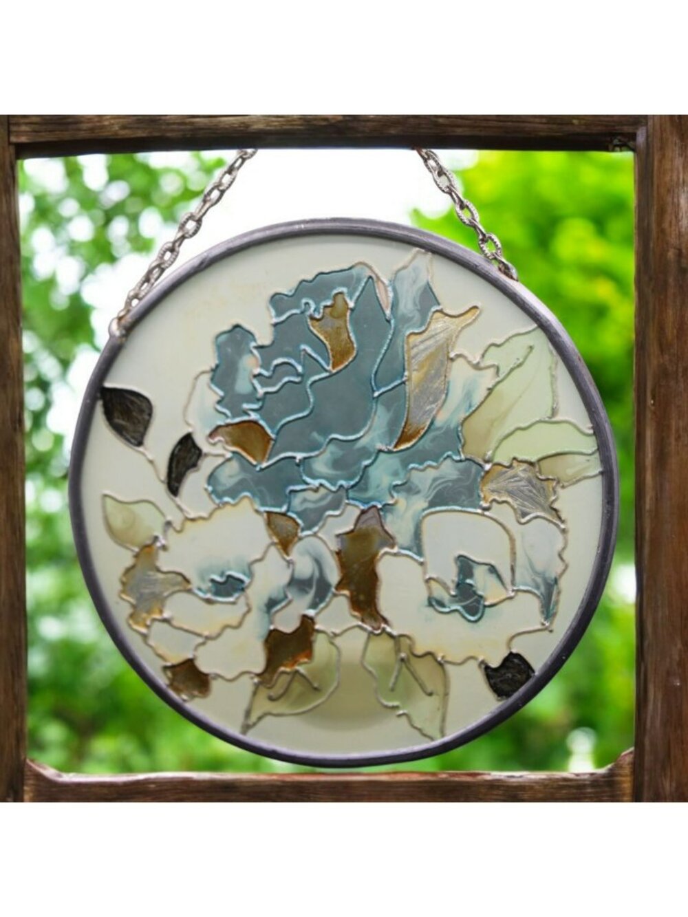 Vtg Joan Baker Blue Rose Flower Faux Stain Glass Sun Catcher Handpainted